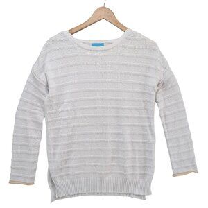 IsleField Chunky Knit Sweater Womens White Tan Trim Long Sleeve Pullover Size L